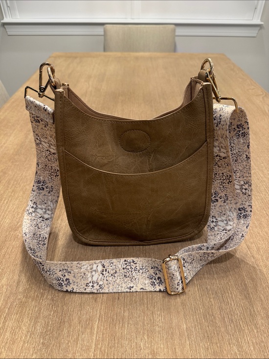Handbags - Classic Tan Crossbody Bag with Printed Adjustable Strap